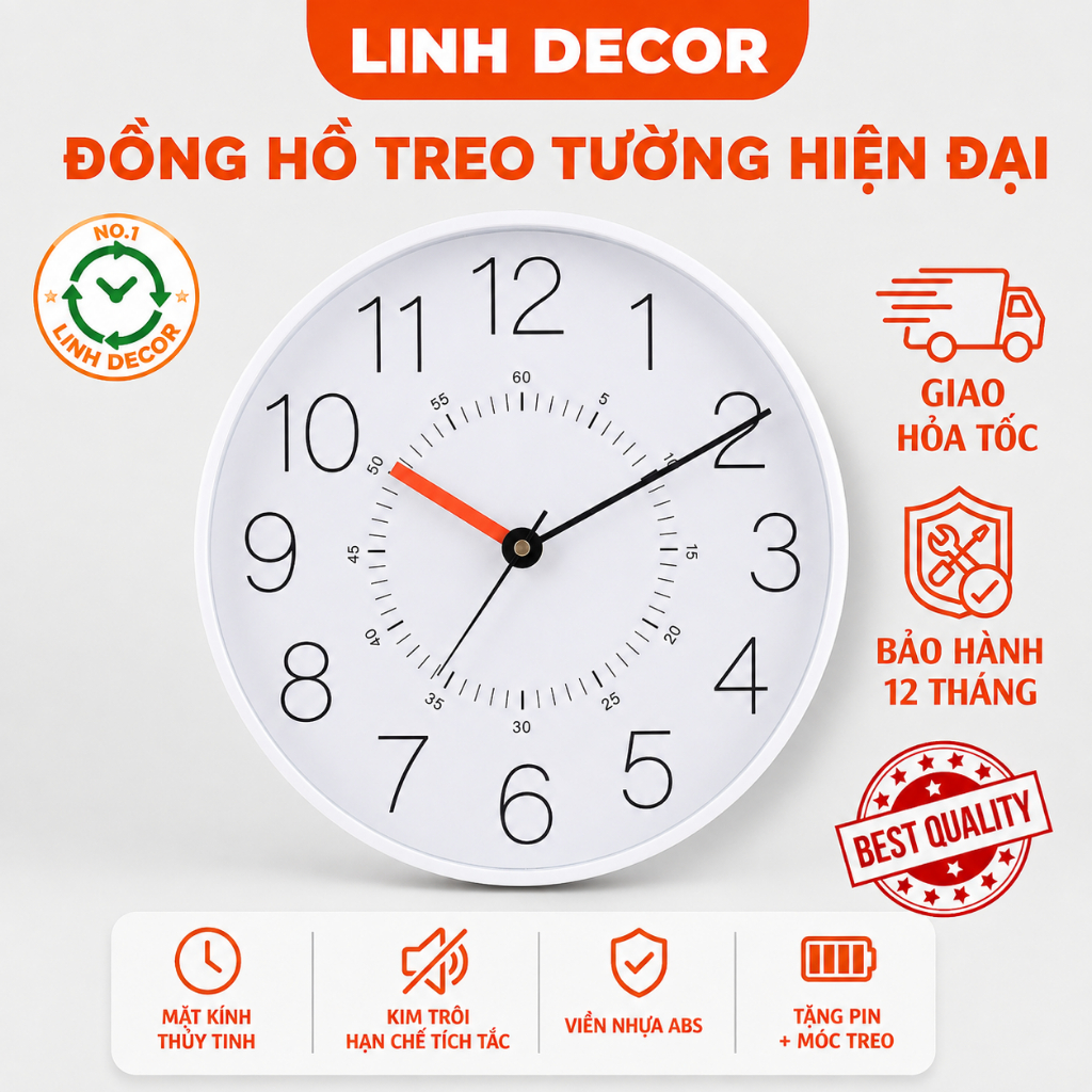 Đồng Hồ Treo Tường Decor Decor Trang Trí Phòng Kim Trôi Êm T12 - Đồng Hồ Treo Tường Linh Decor