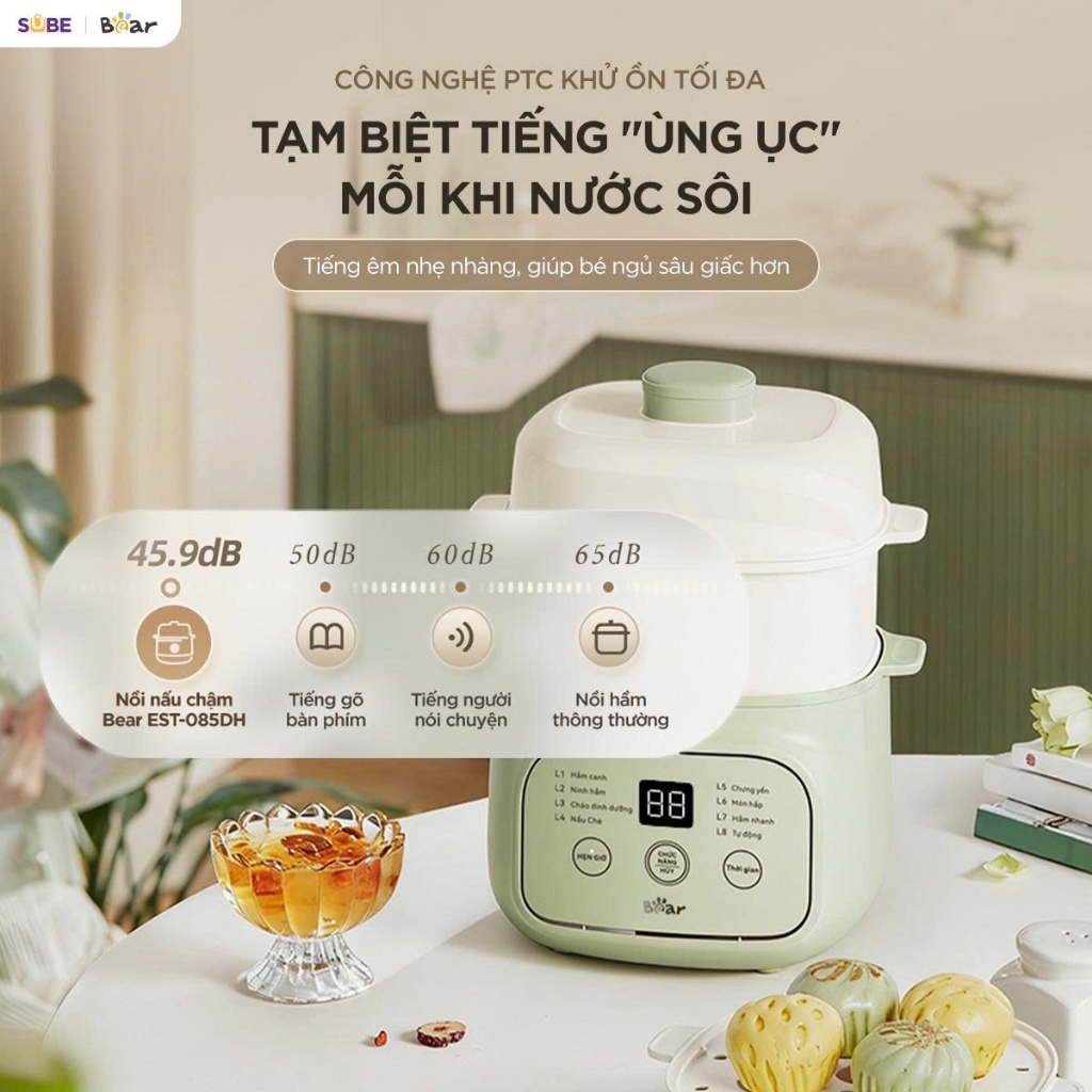 [Combo Ăn Dặm Chuẩn Vị] Nồi Nấu Chậm EST-085DH & Máy Xay CH-4H02S - Chính Hãng Bear
