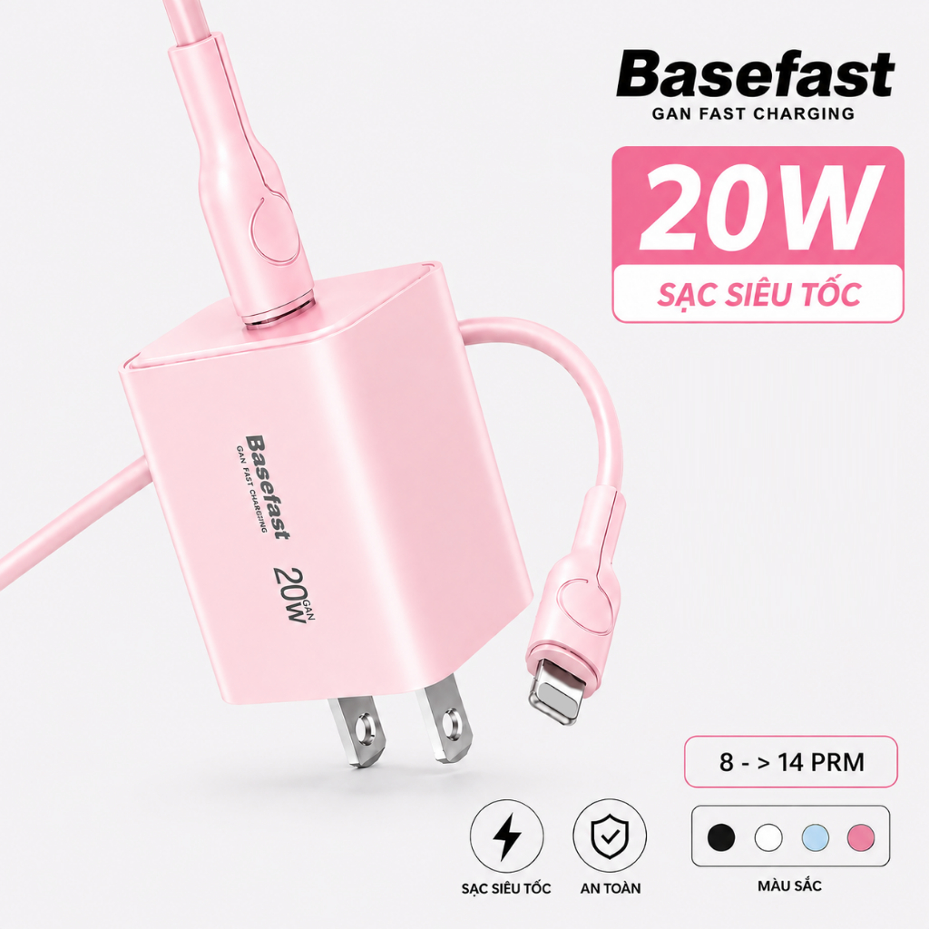 Bộ sạc nhanh 20W 30W Basefast cho Phone xs 11 12 13 14 pro... Củ sạc PD20W kèm dây sillicon siêu bền