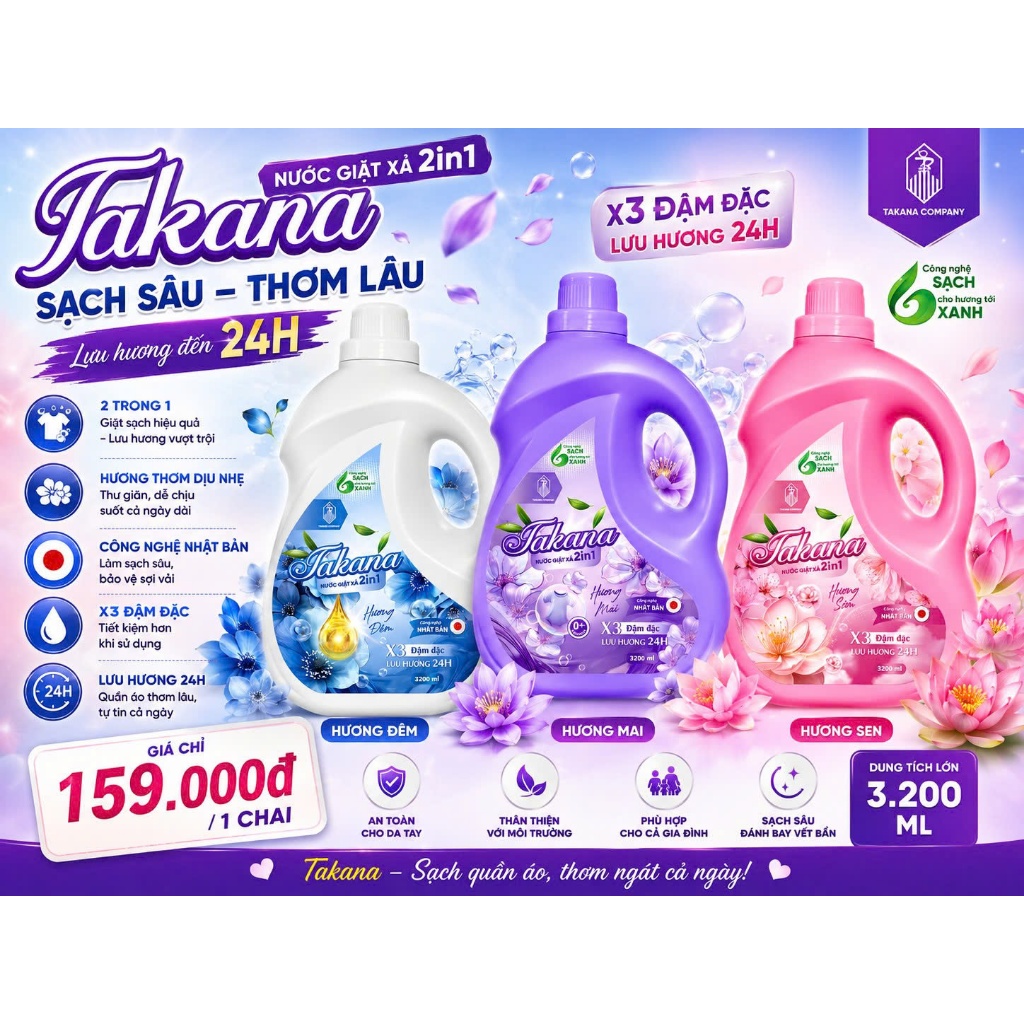NƯỚC GIẶT TAKANA 2IN1 – 🌸    💗 Sạch thơm quần áo – Lưu hương đến 24H 💗