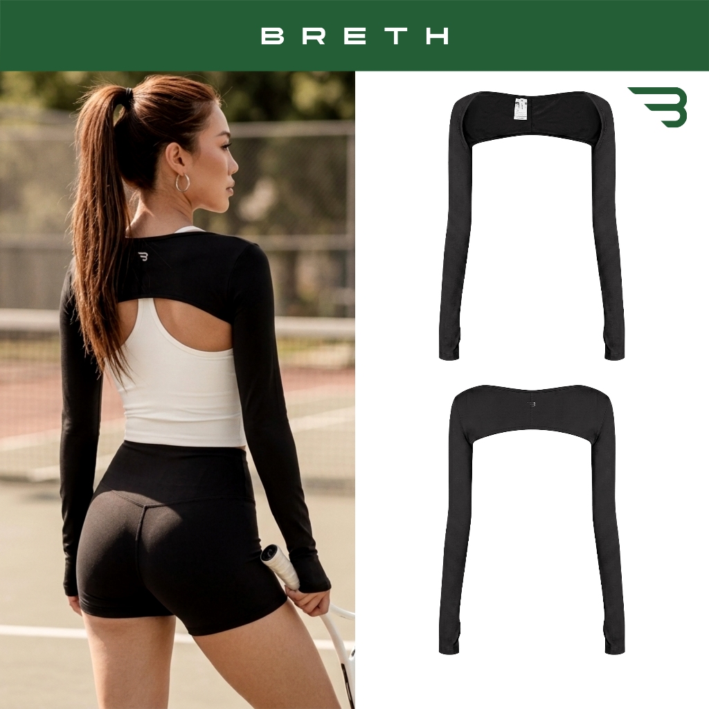 Áo khoác nữ đen form bolero tay dài BRETH đính logo inox có lỗ xỏ ngón tay thun ôm dáng thể thao Bol