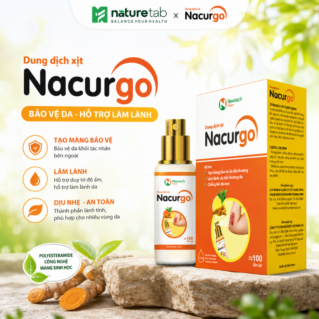 Chai xịt vết thương Nacurgo 12ml - Màng Sinh Học Polyesteramide – Hỗ trợ bảo vệ da