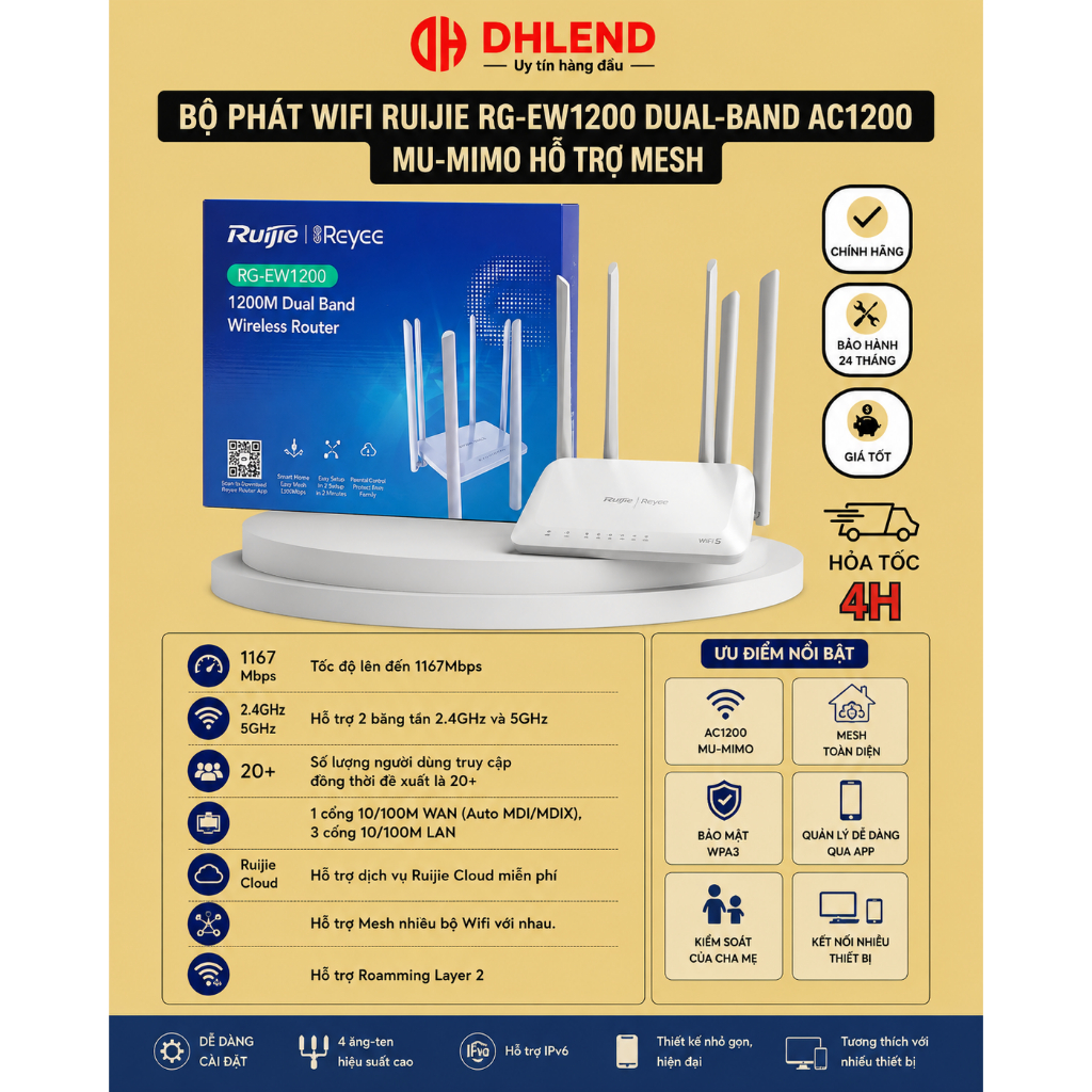 Bộ phát WiFi Ruijie RG-EW1200 Dual-band AC1200 MU-MIMO hỗ trợ Mesh
