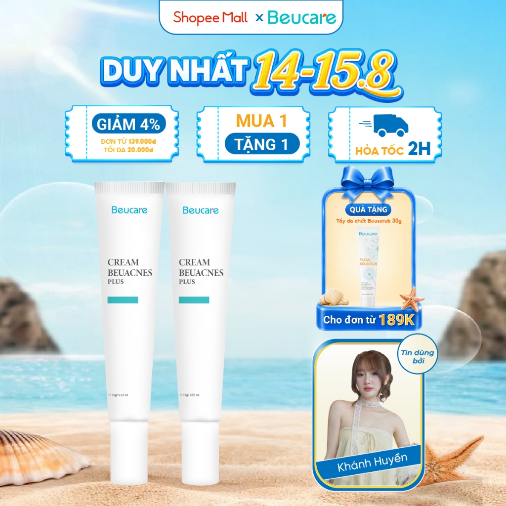 Combo 2 kem giảm mụn nhanh 24h BEUACNES PLUS mụn trứng cá, chiết xuất rau má, hỗ trợ mờ thâm mụn 15g