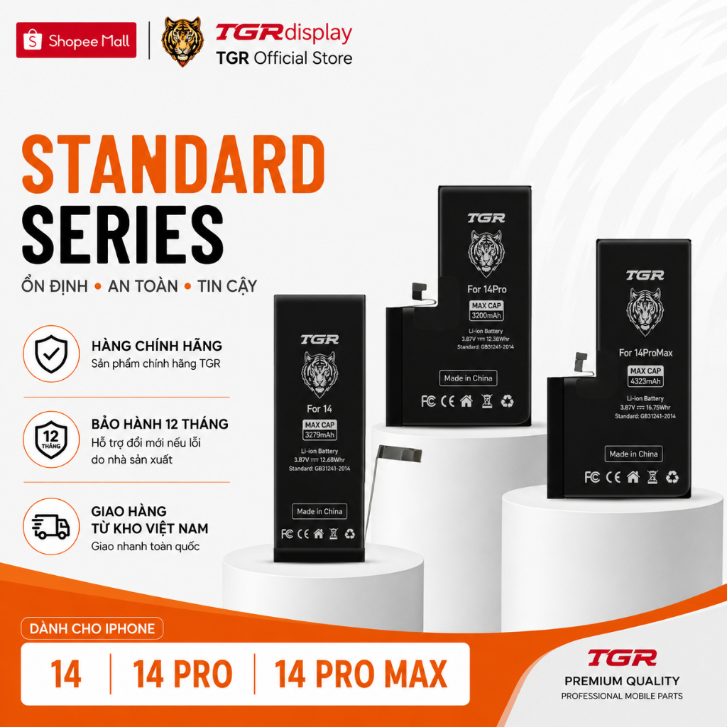 TGR Mall Pin iPhone 14 14 Pro 14 Pro Max - Pin Thay Thế Chính Hãng, Hiển Thị Pin Chuẩn, Dung Lượng C