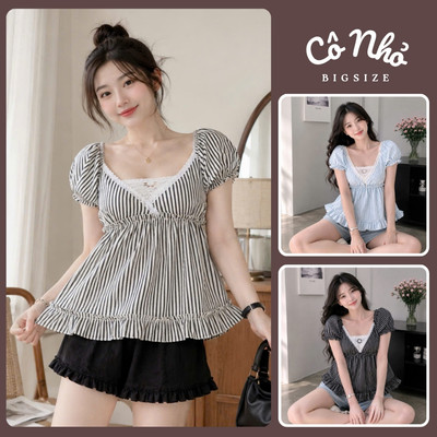 Áo Babydoll Bigsize Nữ Vạt Peplum Xòe Nhún Eo Dáng Ngắn Cho Kẻ Sọc Dễ Thương Cho Chubby A367
