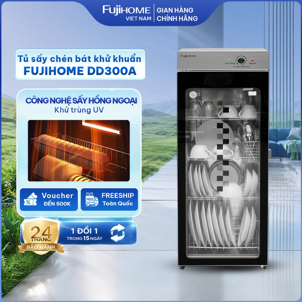 Tủ sấy chén bát 300L khử trùng kép UV Ozone Fujihome DD300A, máy sấy bát đĩa công nghiệp nhà hàng khách sạn spa