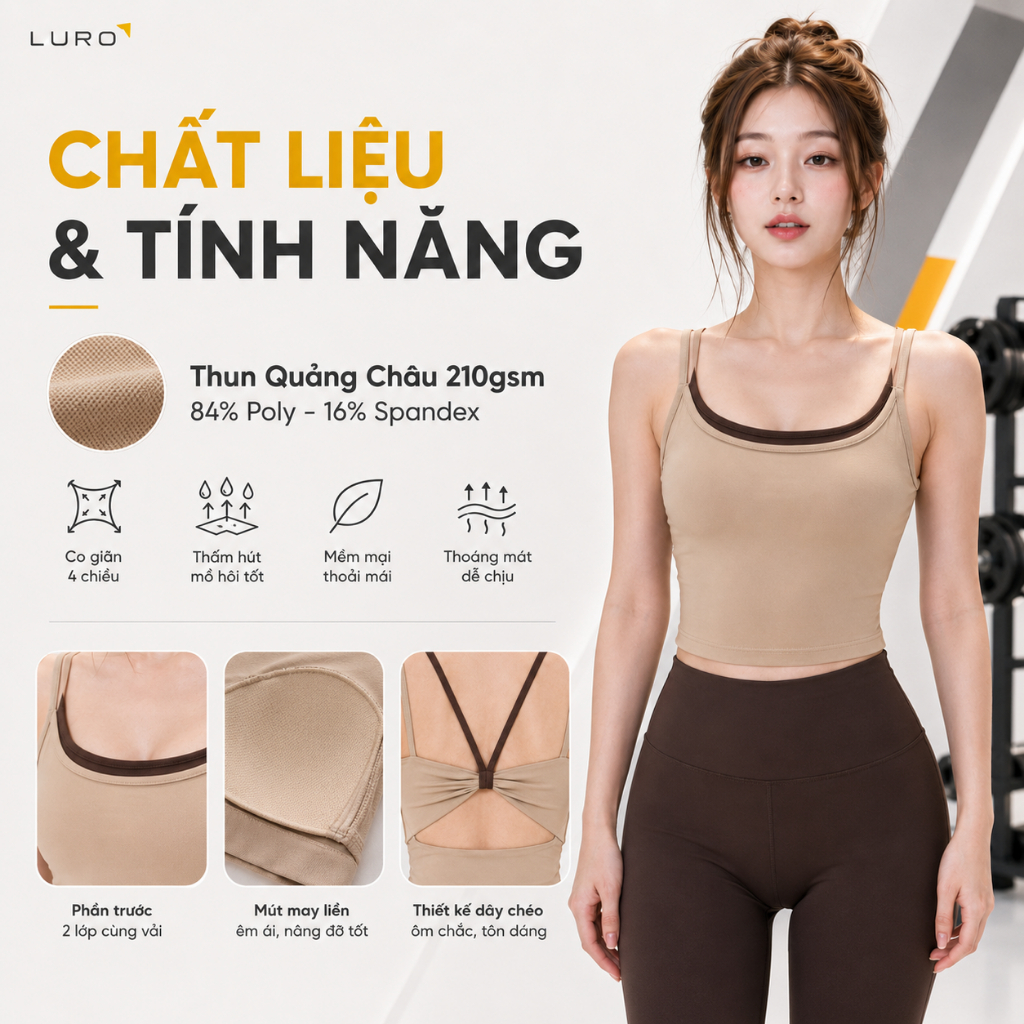 Áo 2 dây thể thao nữ AC64 phối màu, mút may liền 3