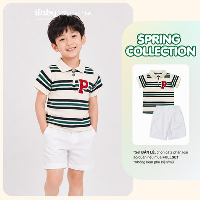 [ILABY 10-40kg] Mix set quần áo bé trai, áo polo kẻ sọc thêu chữ và quần short trắng cao cấp [3950+3791]
