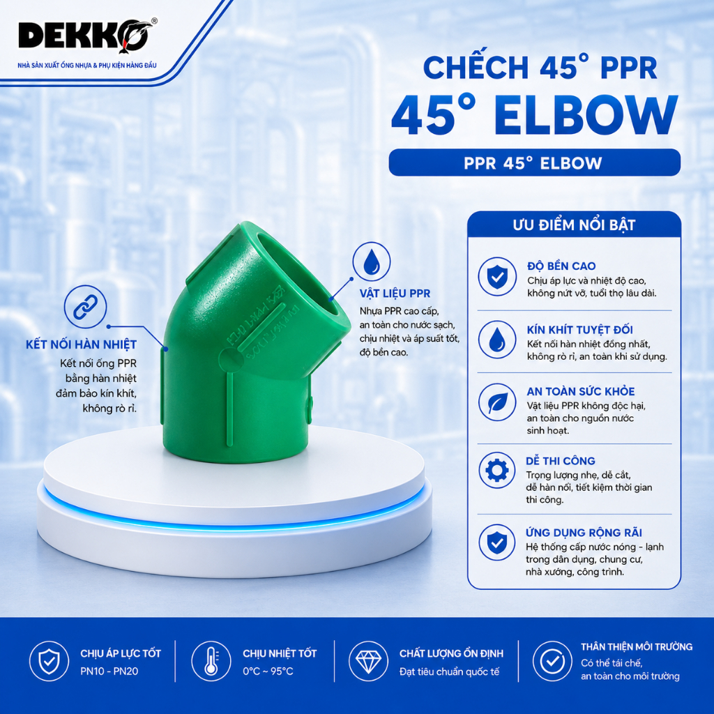 Chếch PPR DEKKO Chính Hãng – Lơ PPR 45°, Co 45 Độ Nối Ống Nước Nóng Lạnh, Phụ Kiện PPR DEKKO