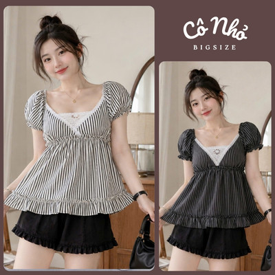 Áo Babydoll Bigsize Nữ Vạt Peplum Xòe Dáng Ngắn Cho Kẻ Sọc Dễ Thương Cho Chubby A367