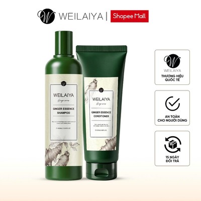 Cặp dầu gội đầu và dầu xả tóc thảo dược Weilaiya gừng trắng nhân sâm giúp tóc khoẻ đẹp cho da đầu dầu bết