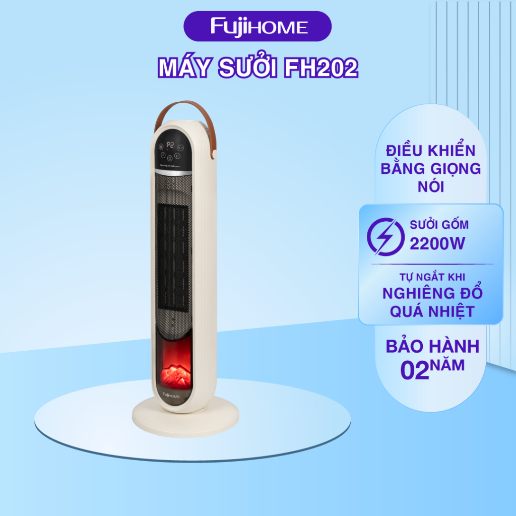 QUẠT SƯỞI GỐM THÔNG MINH FUJIHOME FH202 – SƯỞI ẤM NHANH, ĐIỀU KHIỂN GIỌNG NÓI, HIỆU ỨNG LỬA