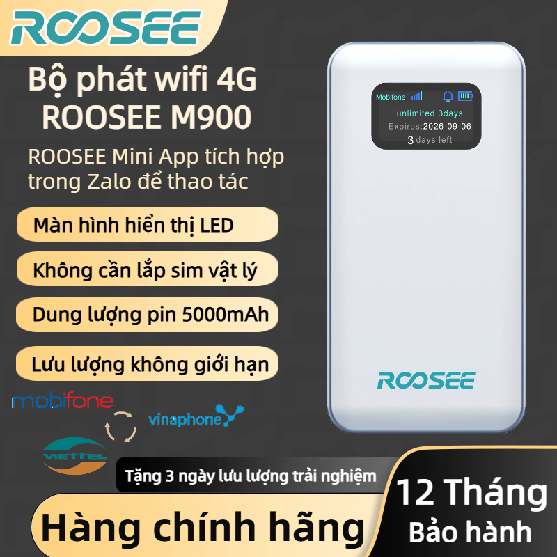 Bộ phát wifi 4G Roosee M900- màn hình hiển thị LED, không cần lắp sim, pin 5000mAh,ROOSEE mini app t