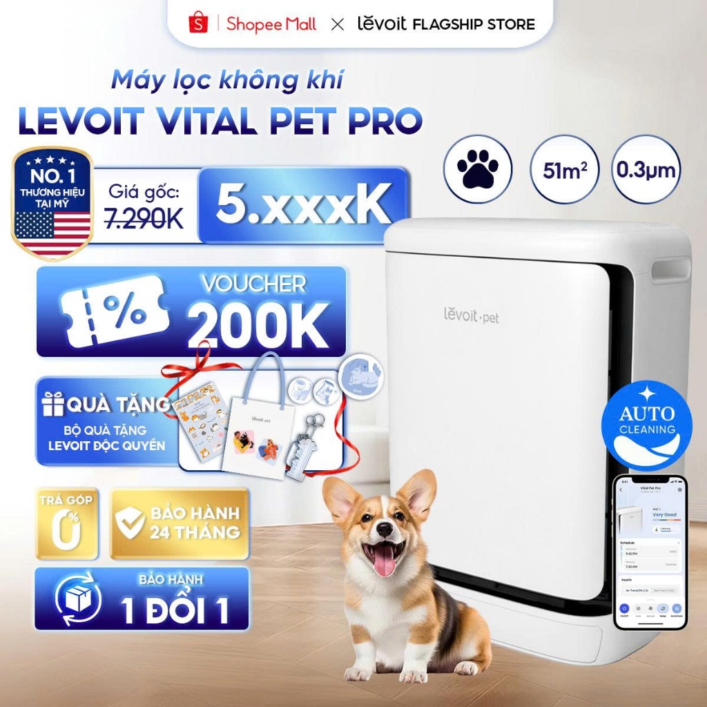 [MỚI] Máy Lọc Không Khí Cho Thú Cưng Vital Pet Pro 51m2 | Lọc bụi mịn-Khử mùi,giữ lông thú cưng-Màng lọc tự vệ sinh