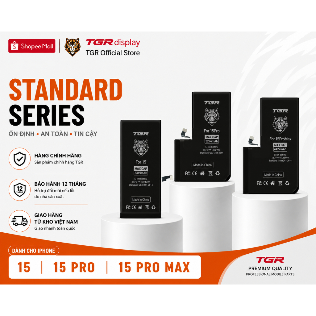 TGR Mall Pin iPhone 15 15 Pro 15 Pro Max - Pin Thay Thế Chính Hãng, Hiển Thị Pin Chuẩn, Dung Lượng C