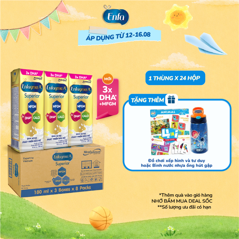 Thùng 24 Hộp Sữa Pha Sẵn Enfagrow A+ Superior 180ml với DHA Hỗ Trợ Phát Triển Não Bộ Cho Trẻ
