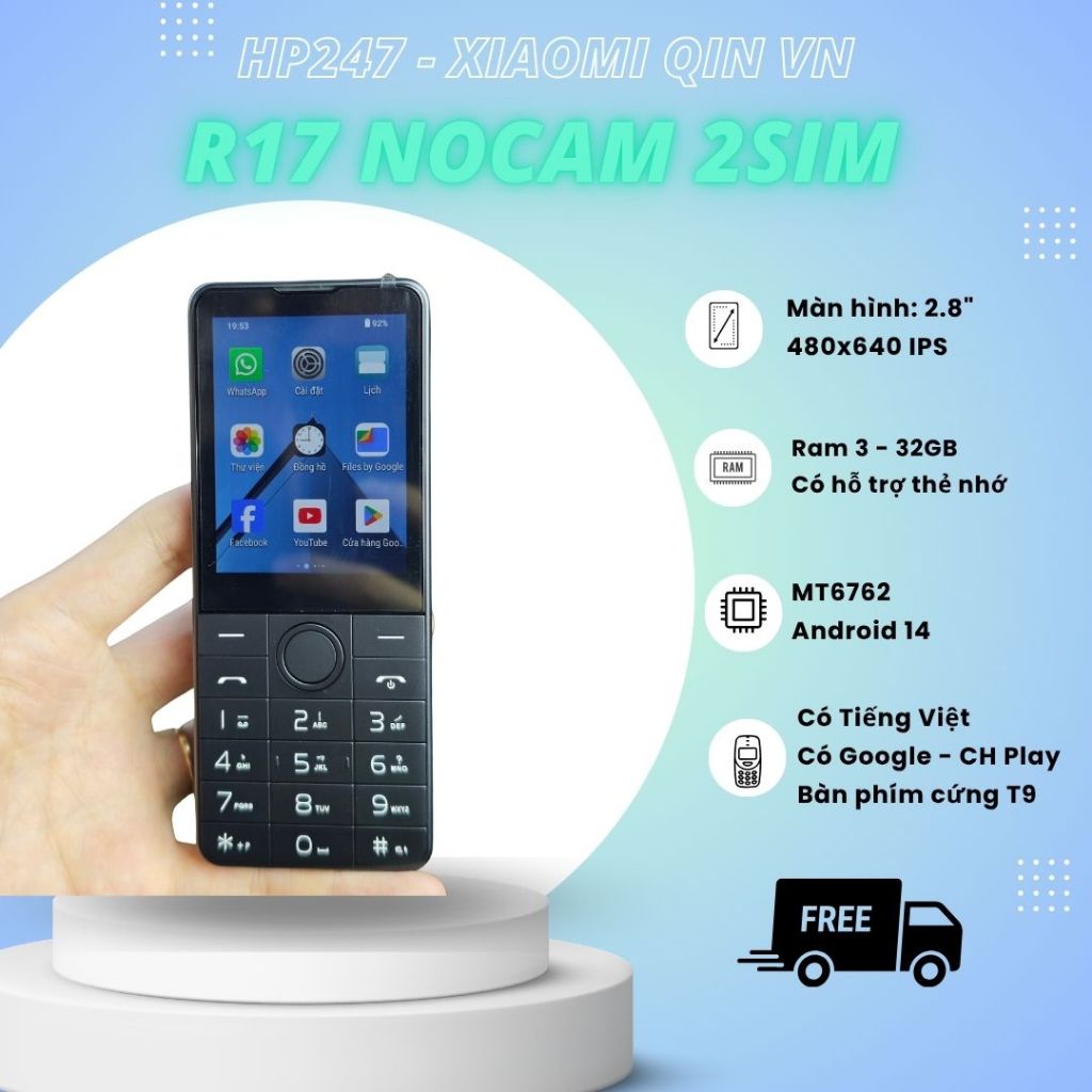R17 nocam 2 sim Đen Điện thoại không camera có cảm ứng - Android 14 - Có Google, CH Play, tiếng Việt