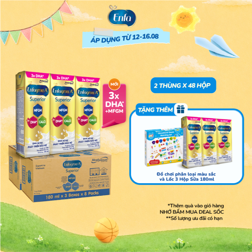 Combo 2 Thùng 24 Hộp Sữa Pha Sẵn Enfagrow A+ Superior 180ml với DHA Hỗ Trợ Phát Triển Não Bộ Cho Trẻ