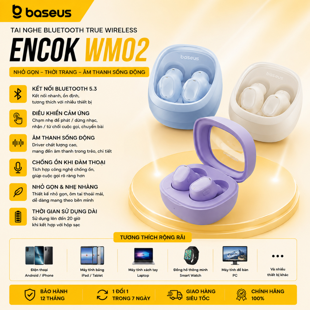 Tai nghe Bluetooth Baseus Encok True Wireless Earphones WM02 (TWS, Stereo Earbuds, Touch Control, No