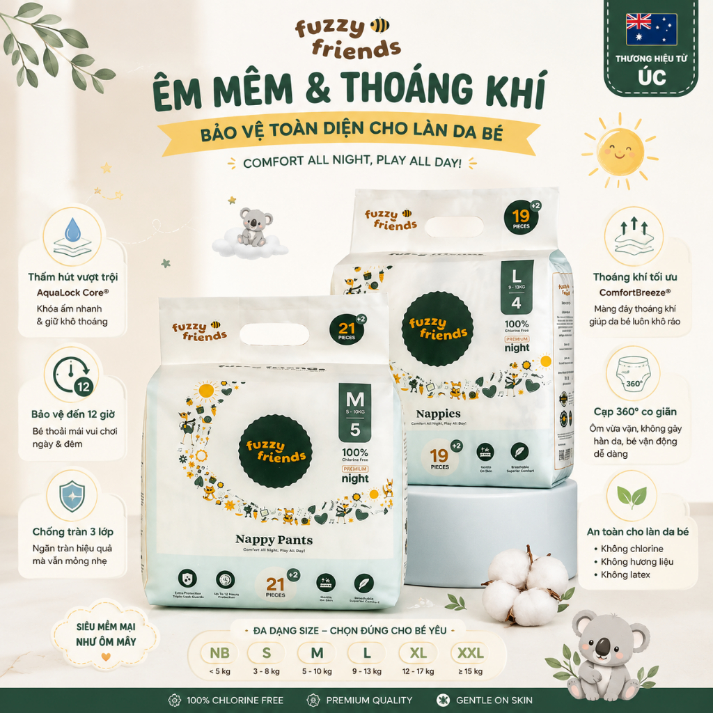 Tã Bỉm Dán và Quần Đêm FUZZY FRIENDS Úc – Bỉm Đêm Siêu Mỏng, Không Tẩy Trắng, An Toàn Cho Bé