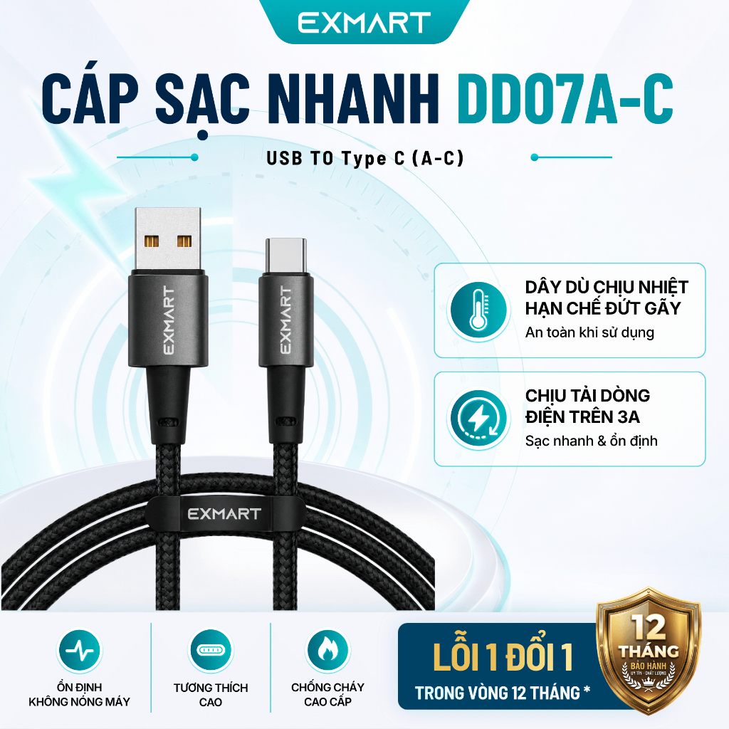Cáp Sạc Nhanh EXMART DD07A-C USB Sang TYPE - Bảo Hành 12 tháng - Dài 100cm - Dây Dù Bền Bỉ