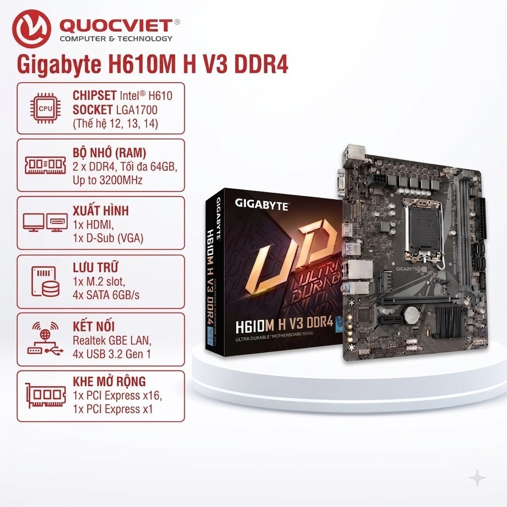 Mainboard Gigabyte H610M H V3 DDR4 Chính Hãng Bo Mạch Chủ Intel H610 Socket LGA1700