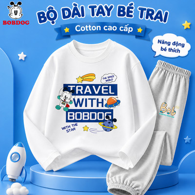 Đồ bộ dài tay bé trai BOBDOG, quần áo chất thun cotton ấm áp in hình ngộ nghĩnh cute TW-BDO06-BDQ01