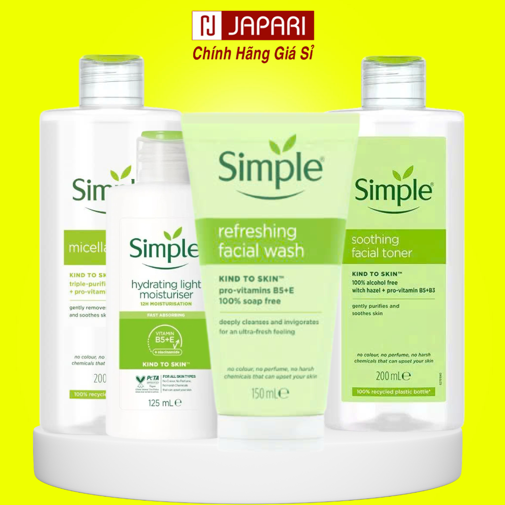 Sữa Rửa Mặt Simple + Nước Tẩy Trang Simple + Toner Nước Hoa Hồng Simple + Kem Dưỡng Ẩm Simple Chính 
