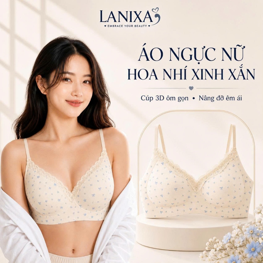 Áo ngực nữ su cao cấp hoa nhí viền ren xinh xắn mút vừa 3D nâng đỡ tốt cúp bán cố định LANIXA A1846