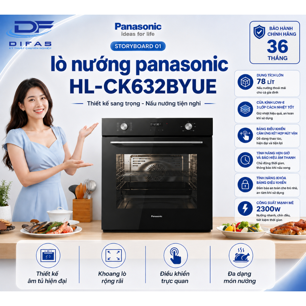 Lò Nướng Âm Tủ Panasonic HL-CK632BYUE 78L 2300W, 8 Chế Độ, Đối Lưu, Hẹn Giờ - BH 3 năm