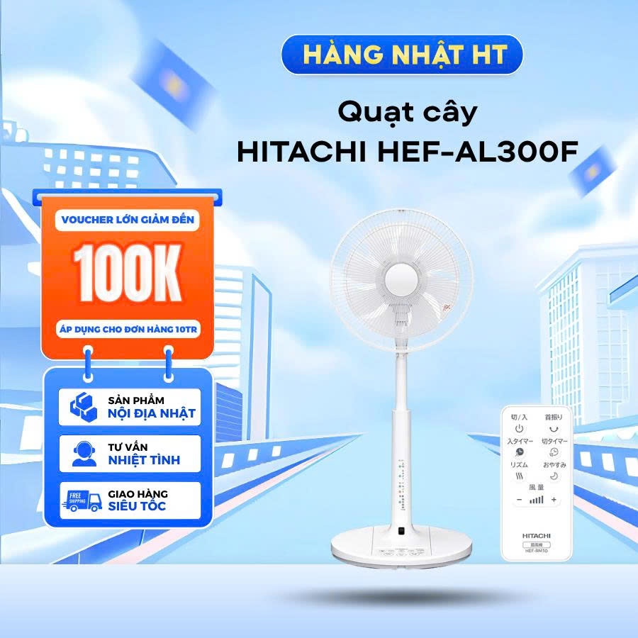 Quạt cây Hitachi HEF-AL300F 2024 - 8 cánh, điều khiển từ xa, màu trắng