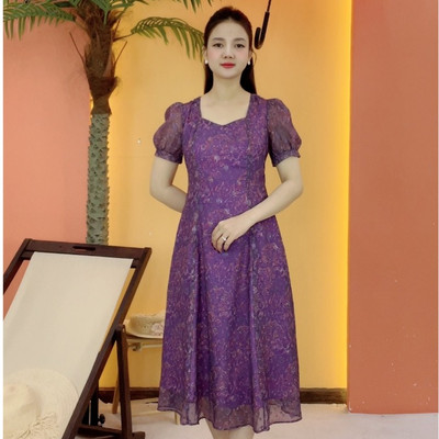 Đầm xòe 8 mảnh trung niên cho mẹ - Cổ vuông tim tay ngắn - Tím hoa - TTV2102
