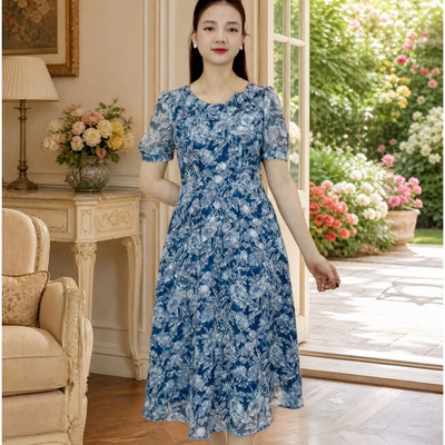 Đầm xòe trung niên cho mẹ - Cổ tròn bèo kết hoa tay ngắn - Xanh hoa - TTV2104