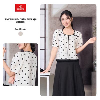 Áo kiểu nữ CARDINA chất liệu linen chấm bi cổ và nẹp phối viền 6AKC50