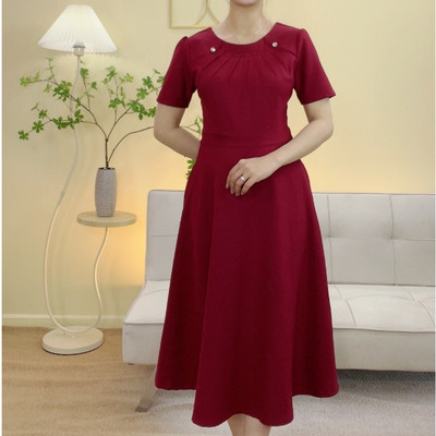 Đầm xòe trung niên cho mẹ - Cổ tròn kết nút tay ngắn - Đỏ đô - TTV2108