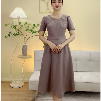 Đầm xòe trung niên cho mẹ - Cổ tròn kết nút tay ngắn - Nâu xám - TTV2108