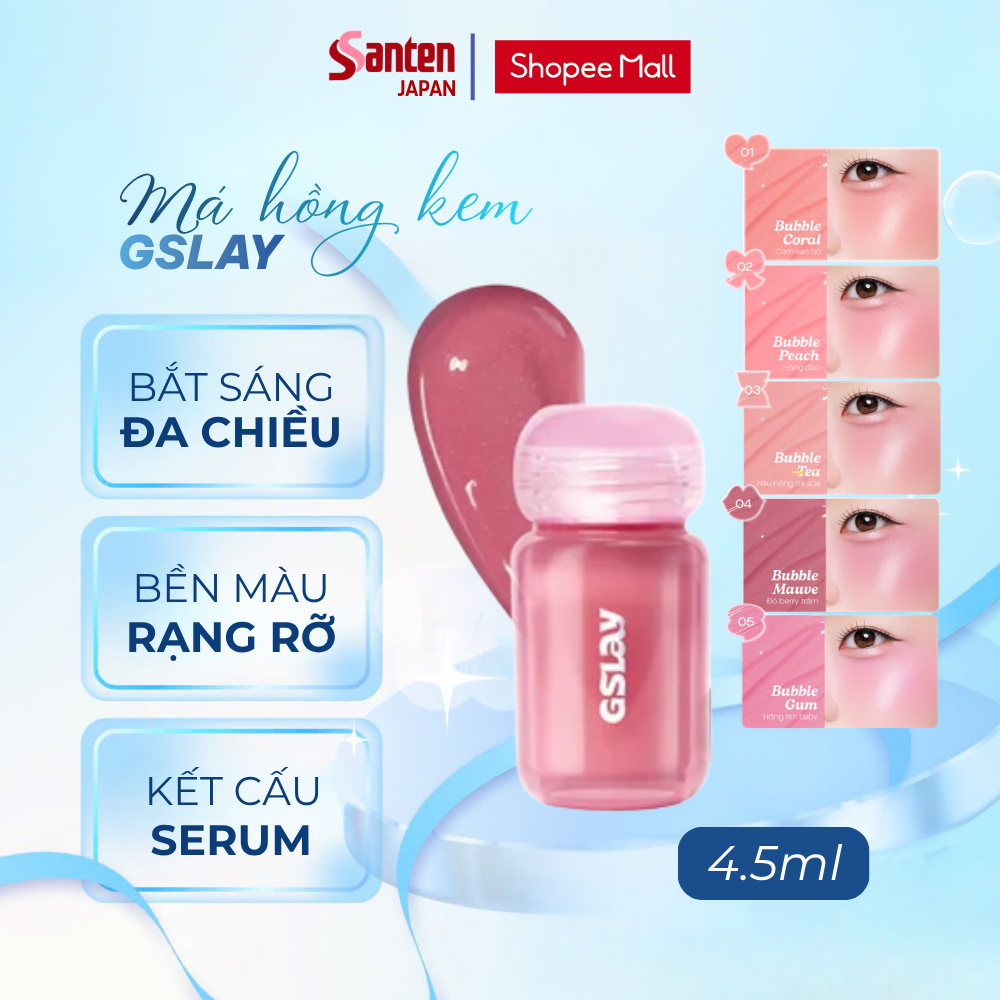 Má hồng kem dạng lỏng GSLAY Bubble Gleam Blush Serum căng bóng bắt sáng, mỏng nhẹ thuần chay 4.5ml