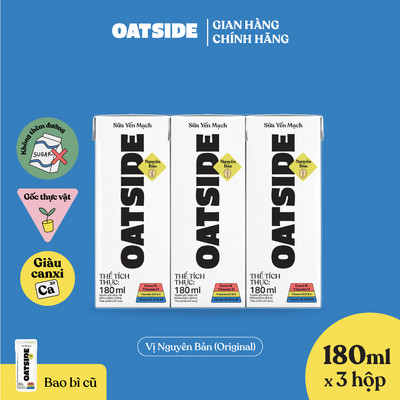 Sữa yến mạch OATSIDE vị nguyên bản Original lốc 180ml x 3 - Không lactose, Sánh mịn, Không chất làm ngọt nhân tạo