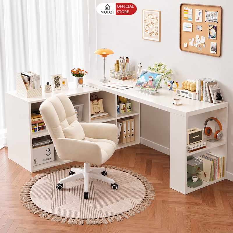 Bàn làm việc kèm giá sách, bàn làm việc chữ L gỗ MDF phủ melamin thương hiệu Modzi - GP368