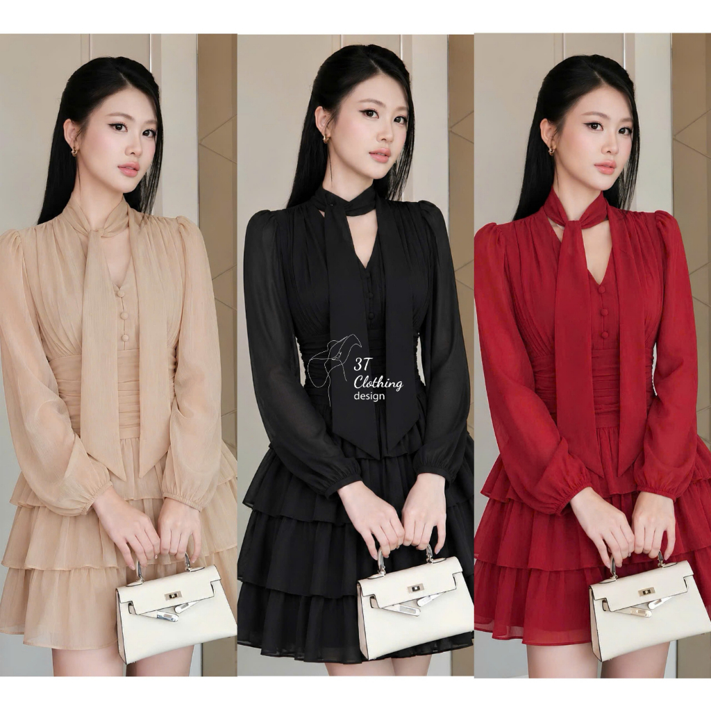 [3T CLOTHING] Đầm Váy Nữ Tơ Óng Vân 2 Lớp Cổ Nơ Tay Dài, Đầm Xòe Xếp Ly Eo Tôn Dáng, Váy Dự Tiệc Big