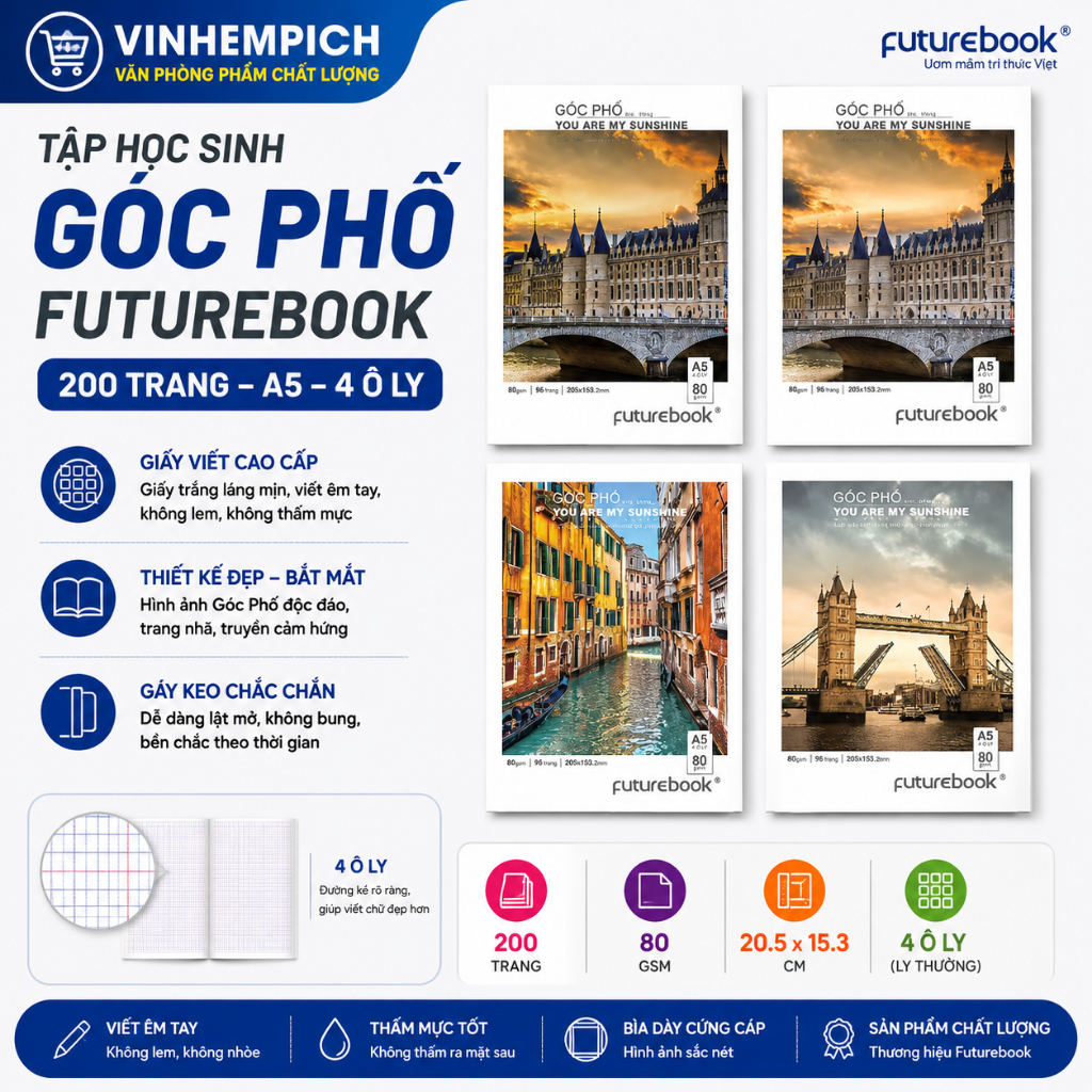 Tập Học Sinh A5 Góc Phố FutureBook - 4 Ô Ly/ ĐL 80gsm 200 trang