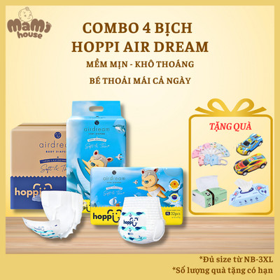 [Tặng Quà] Thùng 4 Bịch Tã/Bỉm Quần Hoppi Airdream Siêu Mỏng Nhẹ – Size M/L/XL/XXL – Cho Bé 6–25kg