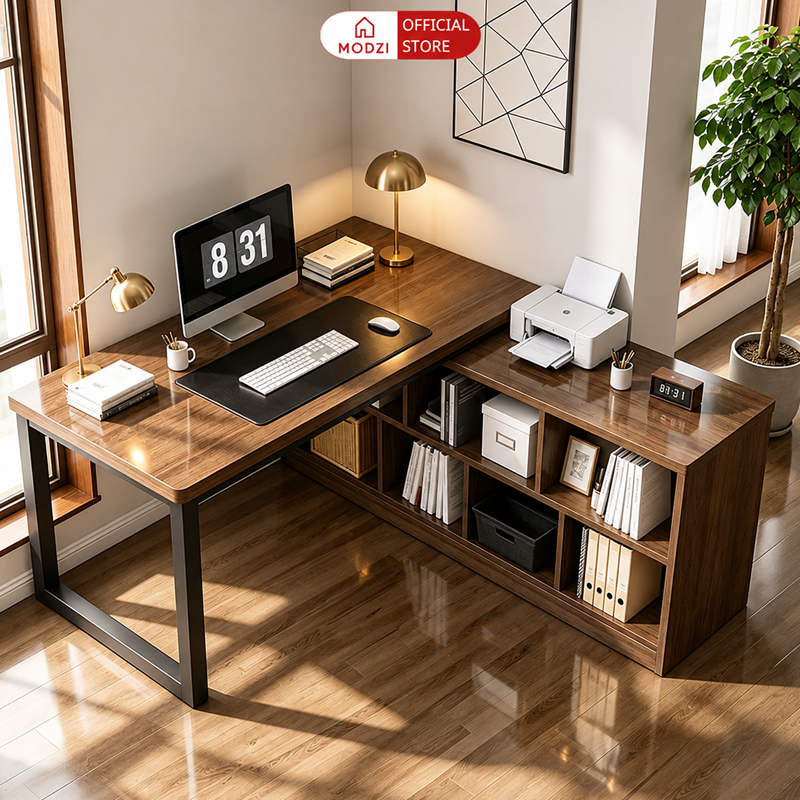 Bàn làm việc chữ L kèm kệ sách thông minh thương hiệu Modzi - Gm131