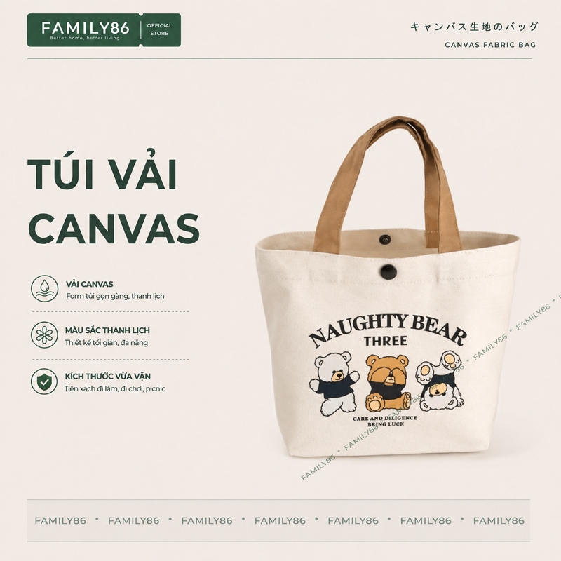 Túi Vải Canvas Đựng Đồ, Túi Tote Nhỏ Đeo Vai Đựng Cơm Văn Phòng Phong Cách Hàn Quốc FAMILY86