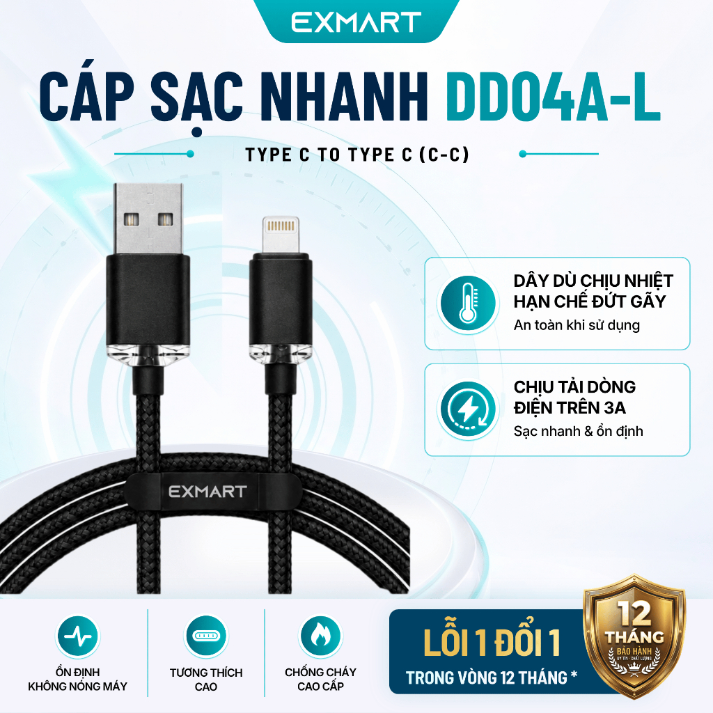 Cáp Sạc Nhanh EXMART DD04I USB Sang Lightning - Bảo Hành 12 tháng - Dài 100cm - Dây Dù Bền Bỉ