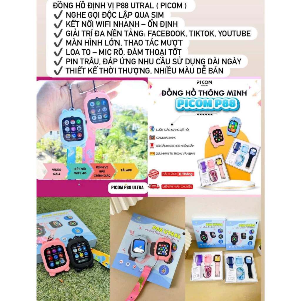 Đồng hồ thông minh trẻ em PiCom P88 Ultra định vị GPS nghe gọi video kết nối wifi nhắn tin sms tải a