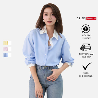 Áo sơ mi nữ GILLEE phối cổ và tay áo trắng, dáng oversized, sơ mi form rộng vải kate lụa FAS351