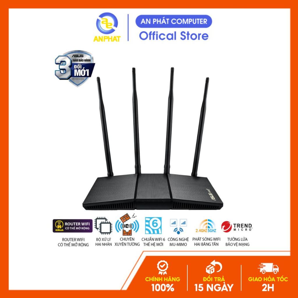[BH 36 Tháng] Bộ phát wifi 6 Asus RT-AX1800HP v2 MU-MIMO AX1800Mbps (Xuyên tường) _Router WiFi có th