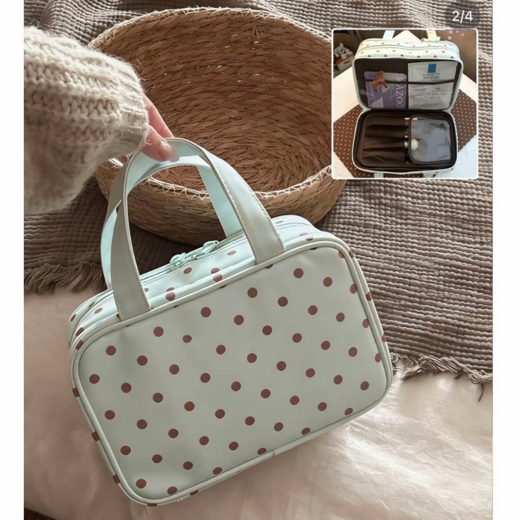 Túi Đựng Đồ Trang Điểm, Mỹ Phẩm Màu Chấm Bi, Sức Chứa Lớn, Chống Nước, Chia Ngăn Tiện Lợi